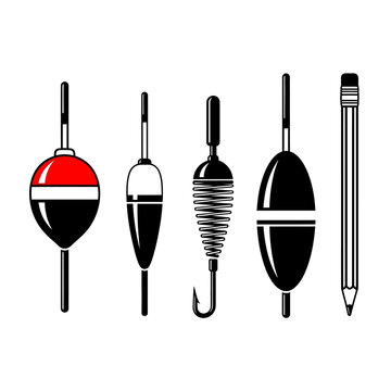 Fishing Floats and Pencil Icons: Set of Five Vector Illustrations