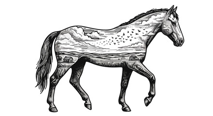 A wild black stallion silhouette with a flowing mane is depicted in this running horse vector illustration isolated on a white background for equestrian art and farm nature design © pius