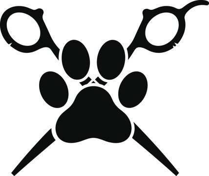 Paw print silhouette, grooming scissors crossed, pet grooming logo design, animal care symbol, veterinary vector art, clean decorative graphic