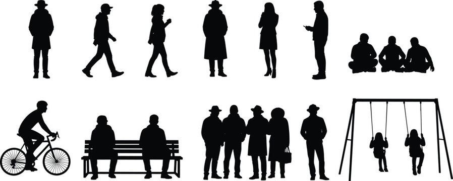 People silhouette collection, walking figures, standing poses, cycling, swing set, social interaction, everyday lifestyle, casual activities, black and white illustration