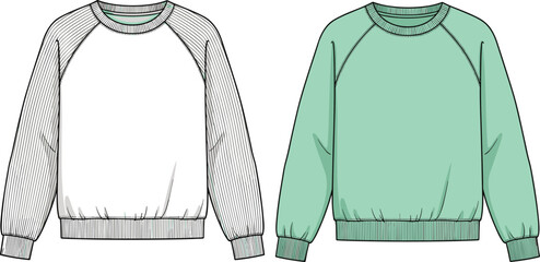 Raglan Sleeve Sweatshirt Technical Sketch Set with Ribbed Cuffs and Hem Featuring Front View in Mint Green and White Colors © MDMORSALIN