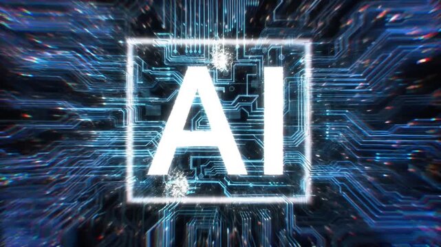 AI Revolution: A close-up view of the glowing AI logo is superimposed upon an intricate circuit board background.