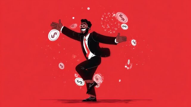Confident businessman cartoon red background money symbol happy expression success concept financial growth digital illustration stylish suit modern art energetic pose confident businessman money