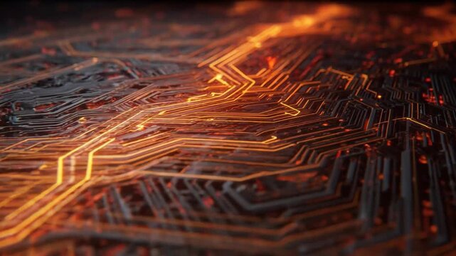 Futuristic circuit board glowing orange line digital technology computer chip abstract electronics pattern cyber network data energy flow neon pathway cyber surface hot sparks light effect