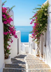 Fototapeta premium Narrow cobblestone paths wind between whitewashed buildings under a bright sun, featuring vibrant floral vines and a distant blue sea view, paradise, window, view