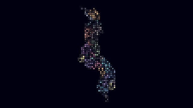 Malawi animated country shape. Pulsating colored dots on the map of the country. Small size square blocks. Digital style Malawi map on dark background. Amazing animation video.