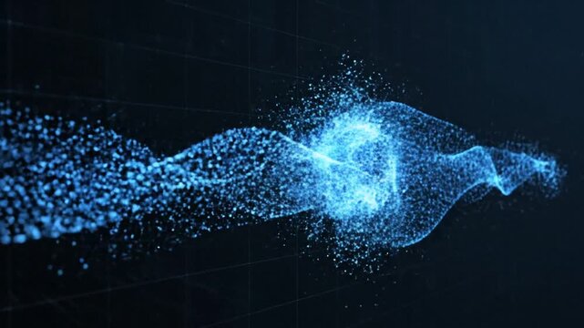 Abstract glowing blue wave composed of luminous particles and shimmering dots flowing smoothly across a digital dark background representing big data visualization and futuristic technology.
