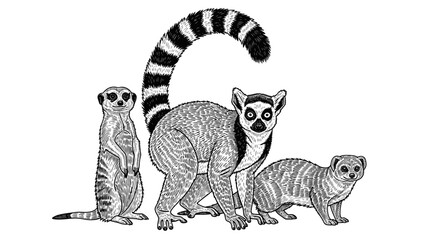 Three cute mammals: Ring-tailed Lemur, Meerkat, and Mongoose illustration © Kelabu