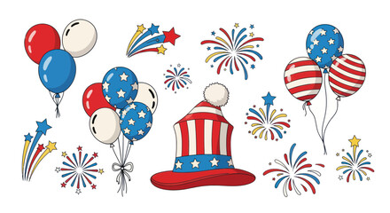USA Celebration Elements: Balloons, Fireworks, Uncle Sam Hat