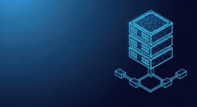 3D wireframe servers in a connected network, representing modern data infrastructure and technology.