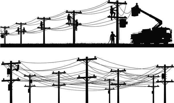 Silhouettes of Linemen and Electricians Repairing Electrical Grid on Utility Poles with Bucket Truck and Power Lines for Industrial Maintenance and Infrastructure Development Concept