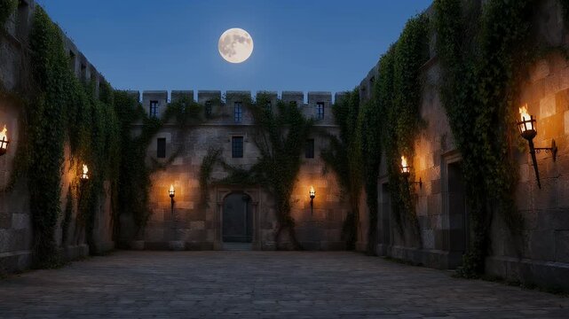 Moonlit medieval stone courtyard with ivy-covered walls, illuminated by flickering torches