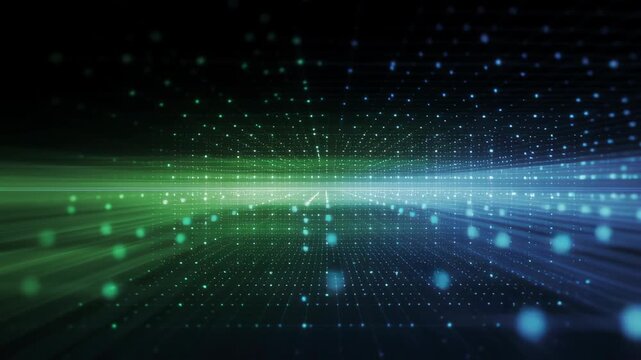 Green blue digital code glitch crt compression pixel breakdown motion matrix overlay tech analog futuristic cyber horizon of streaming light and data with glowing grid and moving light points