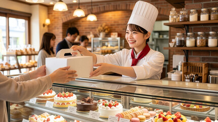 お客様にケーキを手渡す女性店員