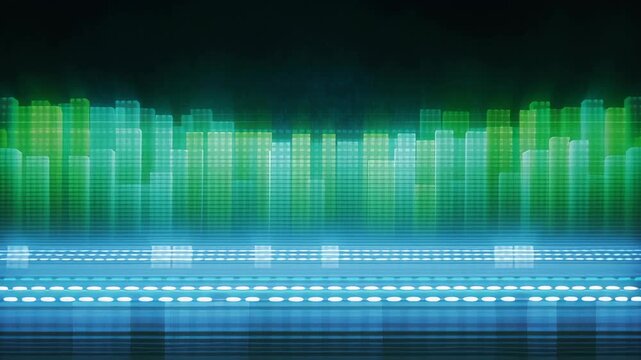 Green blue digital code glitch crt compression pixel breakdown motion matrix overlay tech analog skyline of glowing data bars and horizontal light trails evoking futuristic signal decay forming