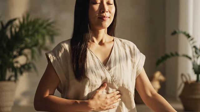 Serene individual practicing vagus nerve stimulation technique with palm on chest and stomach to enhance mindful breathing awareness promoting relaxation and autonomic nervous system regulation