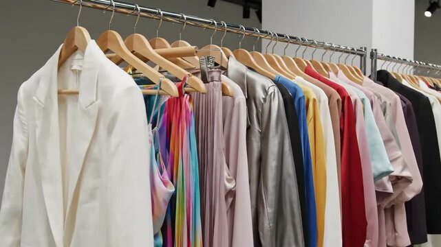Colorful women's clothing hanging on wooden hangers on a rack. Slow pan across a fashion collection in a modern retail boutique or showroom