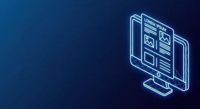 Abstract digital computer screen displaying web content with neon blue wireframe outlines on a dark background