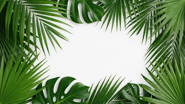 Tropical palm and monstera leaves framing a white background. Green foliage border with copy space for text. Botanical nature concept