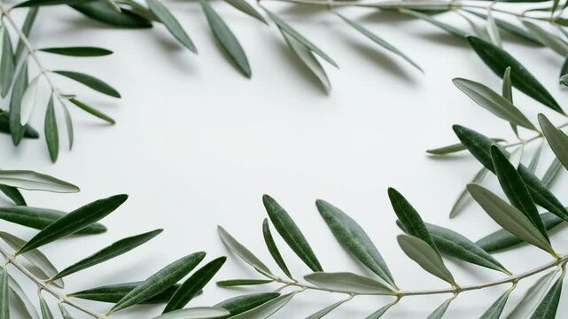Olive branches forming a frame on a white background. Top view of green leaves with copy space in the center. Natural and minimalist background concept