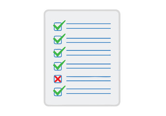 A pristine checklist with five items, four marked with green checkmarks and one with a red cross, symbolizing completion and one incomplete task on a clean white background