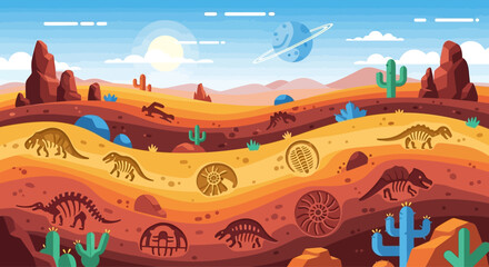 Dinosaur fossils and skeletons in a desert landscape with alien planet © reynanduye