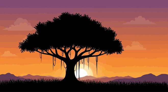 Pixel Art Banyan Tree Silhouette at Sunset with Vibrant Sky and Mountains