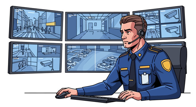 Security guard monitors surveillance cameras on multiple screens in control room