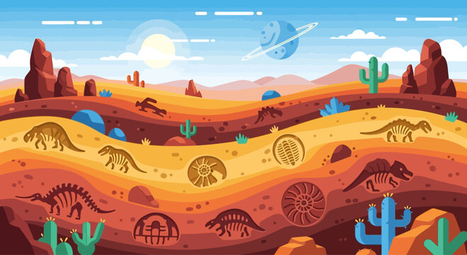 Dinosaur fossils and skeletons in a desert landscape with alien planet
