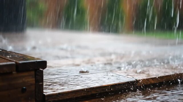 Heavy Rain Falling on Wooden Deck Creating Splashes.