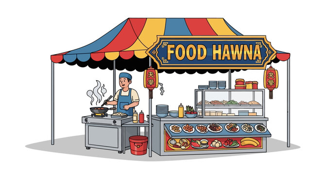 Street food stall with chef cooking, vibrant colors, diverse dishes displayed