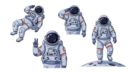 Astronauts in Space: Floating, Saluting, Peace Sign, and Moon Landing Poses © reynanduye