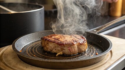 Fototapeta premium Steak Sizzling on Pan with Smoke