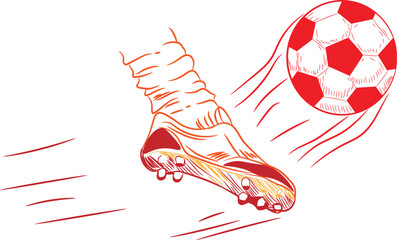 Obraz premium A dynamic illustration depicts a powerful soccer player's foot wearing cleats, actively kicking a red and white ball with speed.
