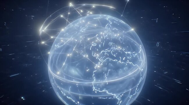 Luminous blue earth-like sphere with a sparkling global network of connected light points