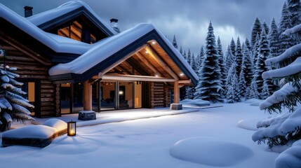 Fototapeta premium Cozy log cabin in snowy landscape during twilight with warm light glowing from windows