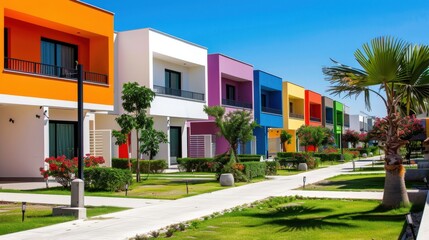 Fototapeta premium Vibrant Row of Colorful Modern Houses in Tropical Landscape with Blue Sky and Green Plants