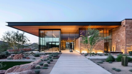 Fototapeta premium Modern Architectural Design of Luxurious Home Surrounded by Desert Landscape with Minimalist Aesthetic