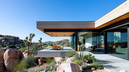 Fototapeta premium Modern Minimalist House with Large Windows Overlooking Scenic Desert Landscape