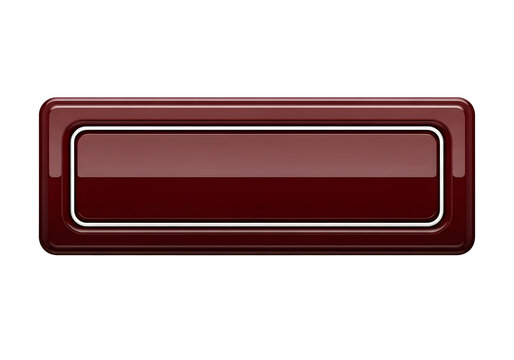 A shiny maroon button with a white outline