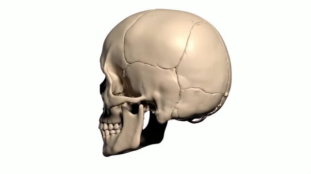 Detailed human skull rotating on pure white background