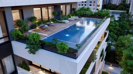 Fototapeta premium Modern rooftop terrace with infinity pool and lush greenery in urban apartment setting, showcasing luxurious outdoor relaxation space
