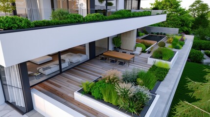 Fototapeta premium Modern outdoor terrace with lush greenery, stylish furniture, and contemporary design for relaxing and entertaining spaces