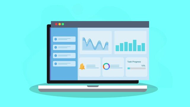 Animated laptop displaying data dashboard with charts, panels, and reports, representing business analytics, monitoring, and performance tracking in a modern flat design.