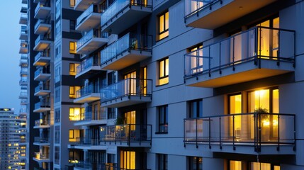 Obraz premium Modern Urban Apartment Building Exterior at Dusk with Illuminated Balconies and Glass Railings