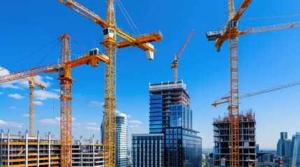 Fototapeta premium Construction cranes lifting materials on modern building site against clear blue sky in urban landscape