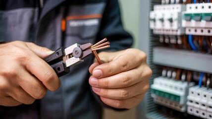 Fototapeta premium Electrician stripping copper wires with pliers in industrial setting