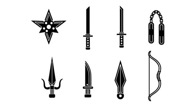 Collection of Black and White Japanese Martial Arts Weapons Icons
