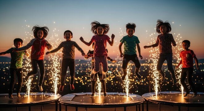 Children Jumping on Trampolines with Fireworks.