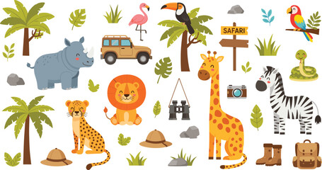 Safari Adventure Animal Cartoon Vector Set with Lion, Giraffe, Rhino, Zebra, Leopard, Jeep, Palm Trees and Explorer Elements © nice